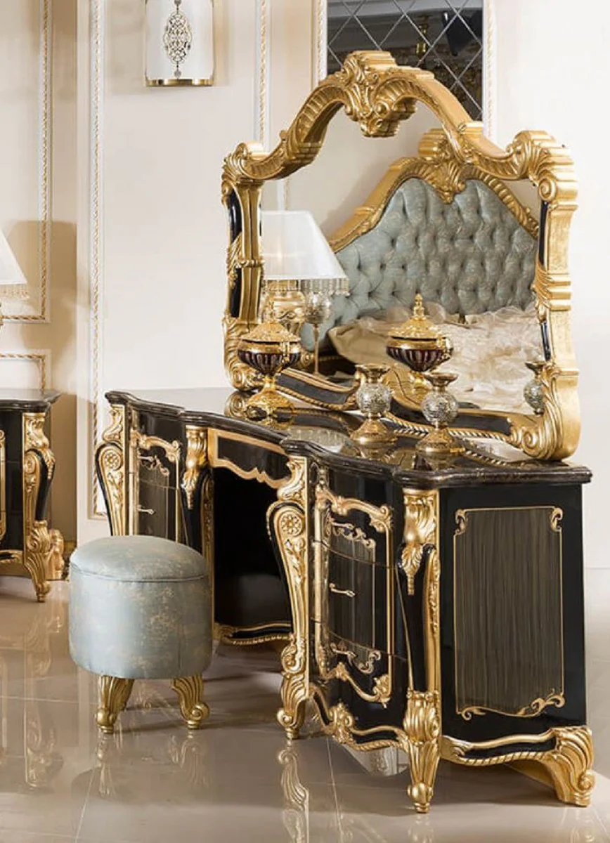 Luxus Barock Schlafzimmer Set Schwarz / Gold / Hellblau - 1 Barock Schminkkommode & 1 Barock Spiegel & 1 Barock Hocker - Barock Schlafzimmer Möbel - Edel & Prunkvoll