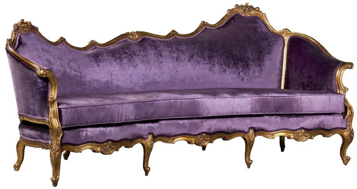 Luxus Barock Samt Sofa Lila / Gold - Edles Handgefertigtes Wohnzimmer Sofa im Barockstil - Barock Wohnzimmer Möbel - Edel & Prunkvoll