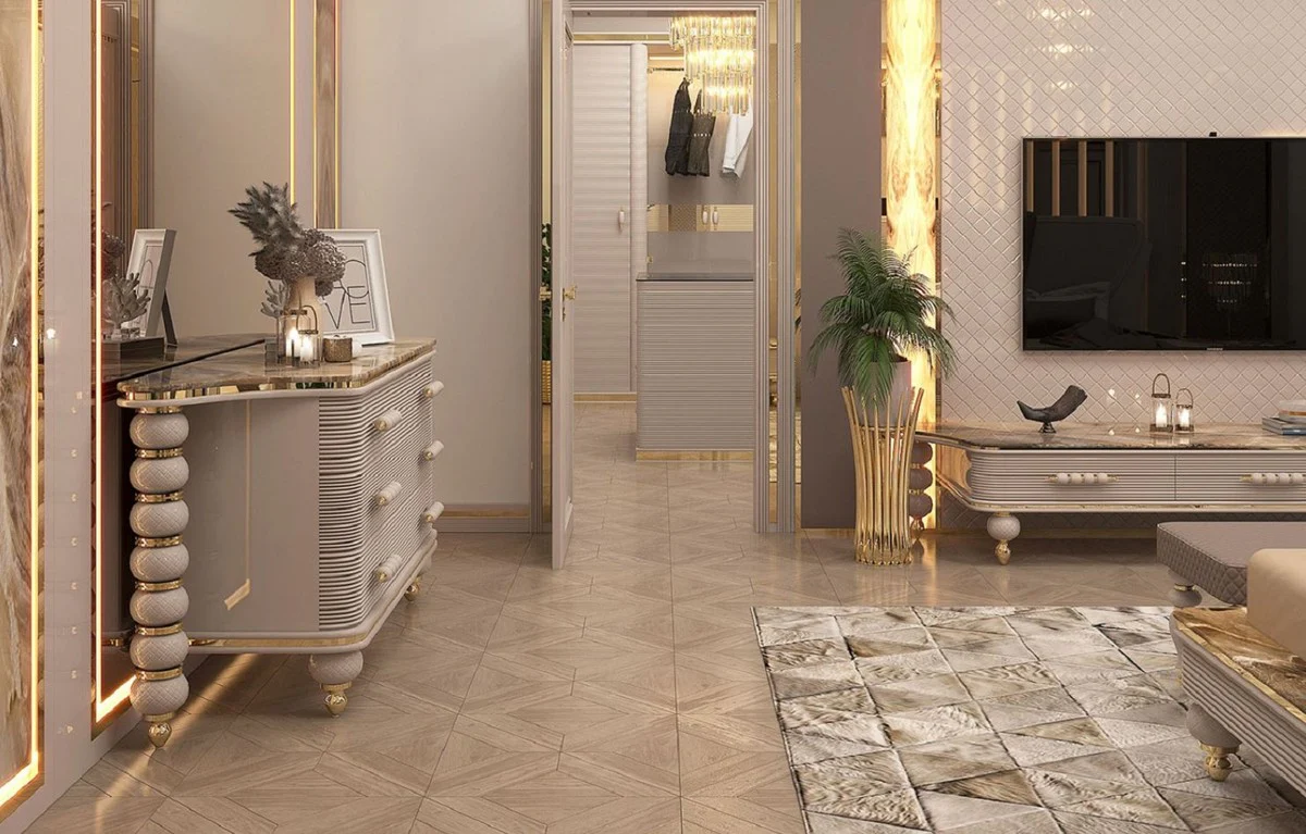 Luxus Art Deco Kommode Grau / Weiß / Gold 170 x 50 x H. 89 cm - Prunkvolle Kommode mit 3 Schubladen und Kunstmarmor Platte - Art Deco Schlafzimmer & Hotel Möbel - Luxus Kollektion