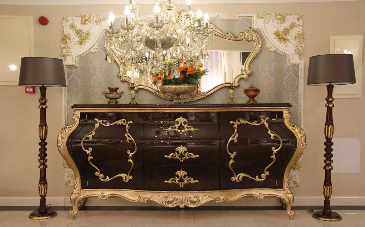 Luxus Barock Kommode mit Wandspiegel Dunkelbraun / Gold - Handgefertigter Massivholz Schrank mit elegantem Spiegel - Prunkvolle Möbel im Barockstil