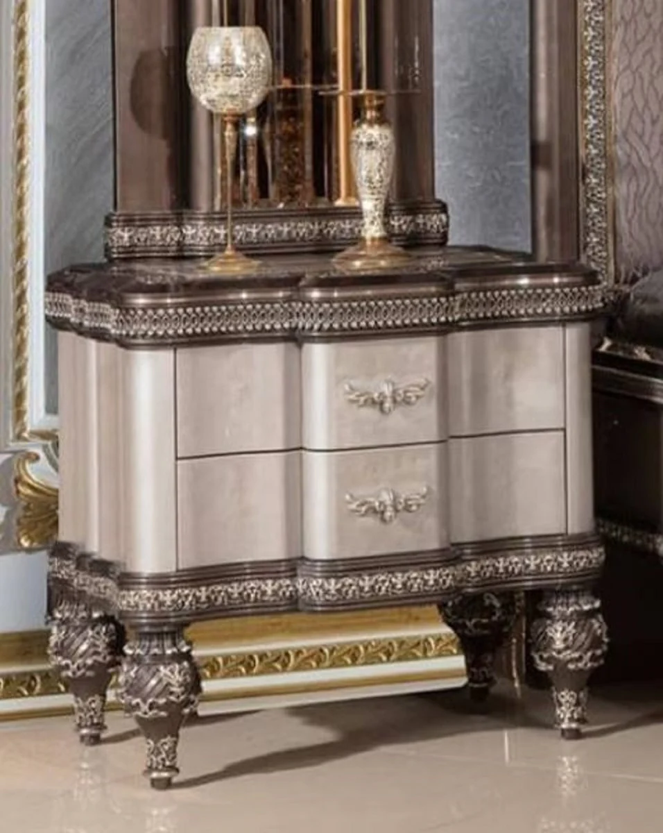 Luxus Barock Nachtkommode Grau / Schwarz / Gold - Prunkvoller Barockstil Nachttisch mit 2 Schubladen - Luxus Schlafzimmer Möbel im Barockstil - Barock Möbel - Barock Interior