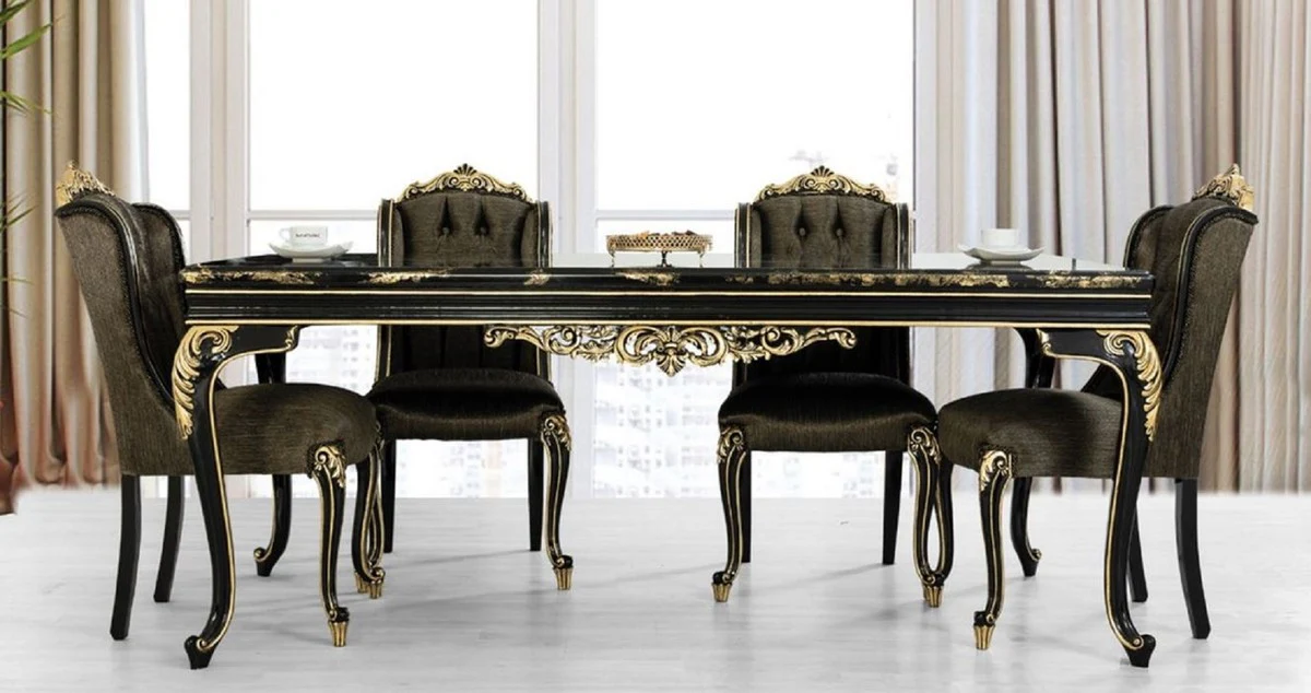 Luxus Barock Esstisch Schwarz / Gold - Edler Massivholz Esszimmertisch - Barock Esszimmer Möbel
