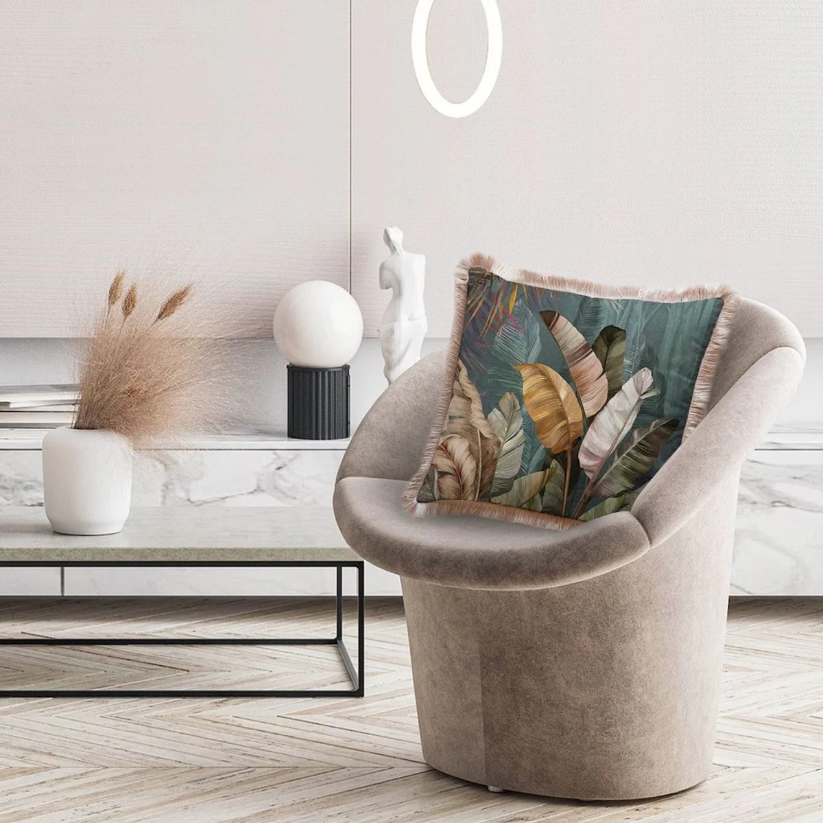 Luxus Deko Kissen Sträucher Mehrfarbig / Braun 45 x 45 cm - Bedrucktes Samt Kissen mit Fransen - Luxus Deko Accessoires