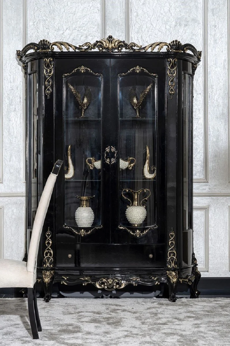 Luxus Barock Vitrine Schwarz / Gold - Prunkvoller Massivholz Vitrinenschrank mit 2 Türen und Schublade - Luxus Möbel im Barockstil - Barock Möbel - Edel & Prunkvoll