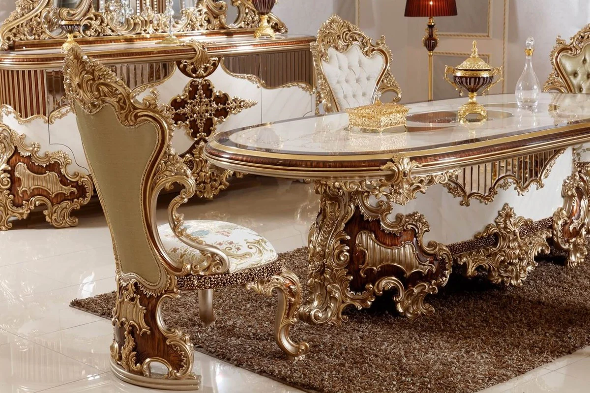 Luxus Barock Esszimmer Set Weiß / Braun / Gold - 1 Barock Esstisch & 6 Barock Esszimmerstühle - Barock Esszimmer Möbel - Luxus Möbel im Barockstil - Edel & Prunkvoll - Luxus Qualität