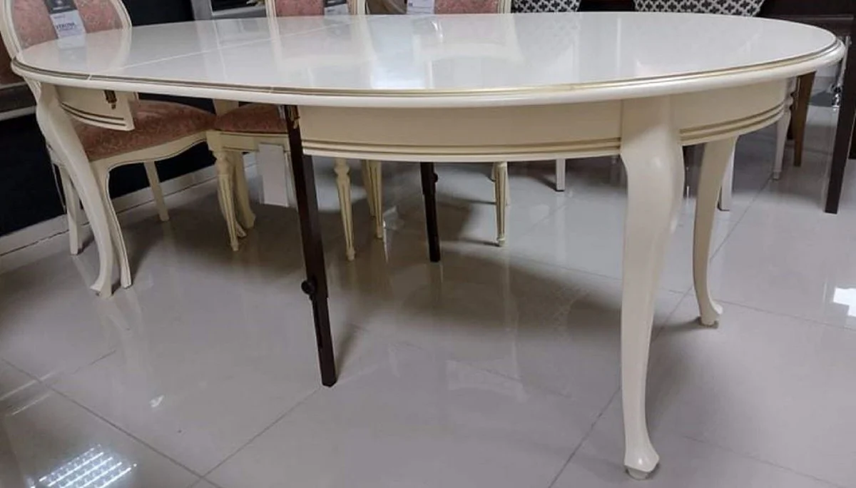 Luxus Jugendstil Esstisch Cremefarben / Gold 160-360 x 110 x H. 78 cm - Ovaler Ausziehbarer Massivholz Esszimmertisch - Barock & Jugendstil Esszimmer Möbel