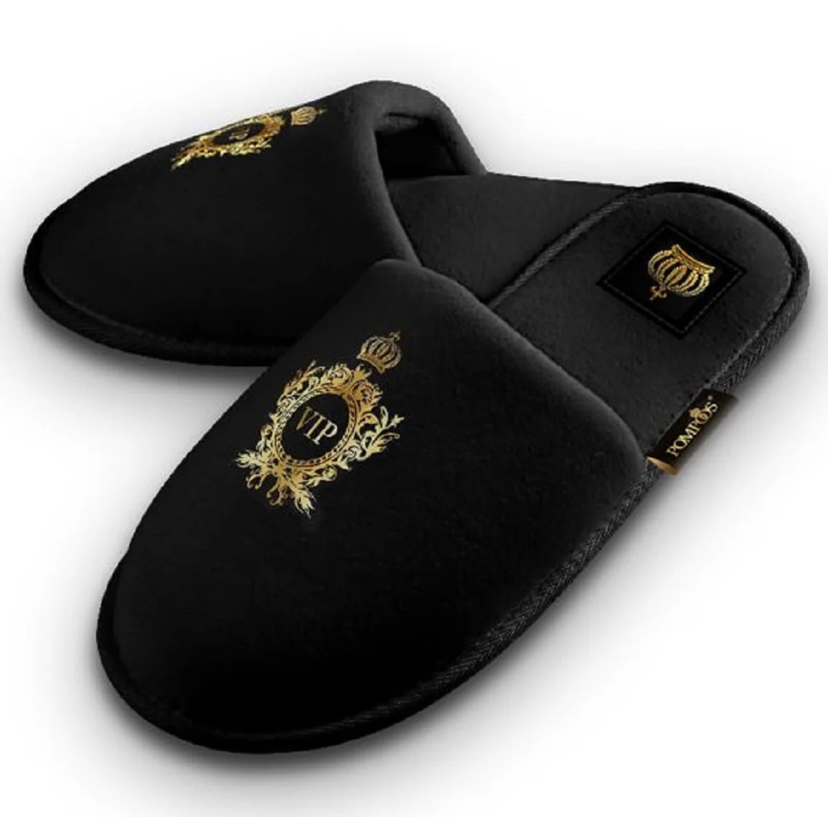 Pompöös by Luxus Herren VIP Hotelslipper mit Krone Schwarz / Gold - designed by Harald Glööckler