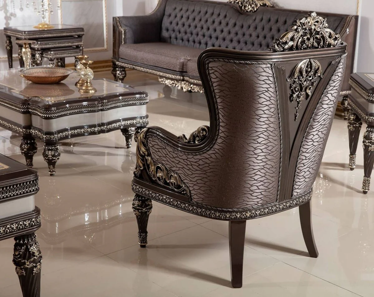 Luxus Barock Couchtisch Grau / Dunkelbraun / Gold - Prunkvoller Massivholz Wohnzimmertisch im Barockstil - Barock Wohnzimmer Möbel - Edel & Prunkvoll