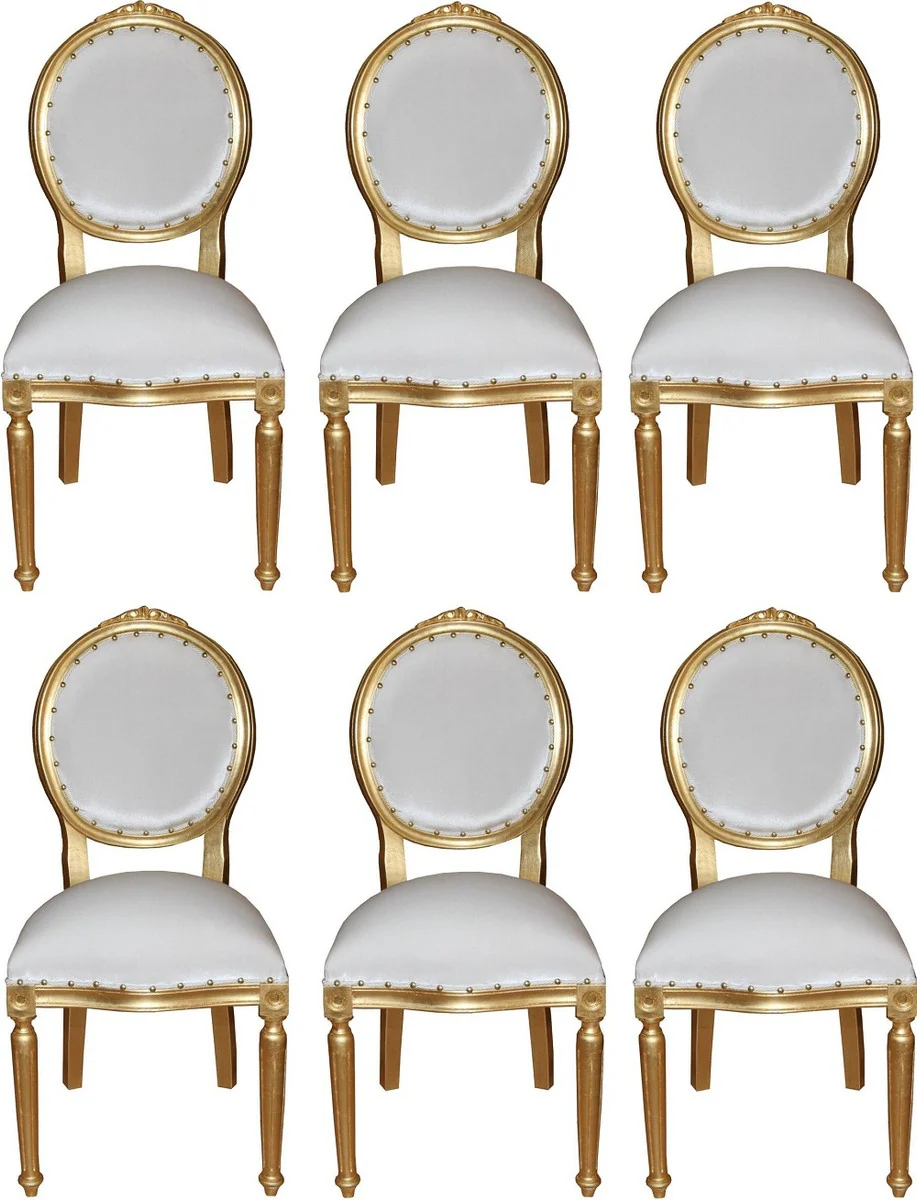 Luxus Barock Esszimmer Set Medaillon Weiß / Gold 50 x 52 x H. 99 cm - 6 handgefertigte Esszimmerstühle - Barock Esszimmermöbel