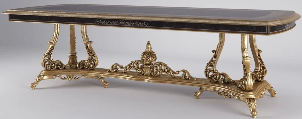 Luxus Barock Esstisch Braun / Antik Gold 300 x 117 x H. 80 cm - Prunkvoller Esszimmertisch im Barockstil - Luxus Qualität