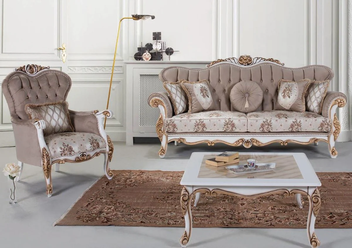 Luxus Barock Wohnzimmer Set Grau / Mehrfarbig / Weiß / Bronze - 2 Sofas & 2 Sessel & 1 Couchtisch - Wohnzimmer Möbel im Barockstil - Edel & Prunkvoll