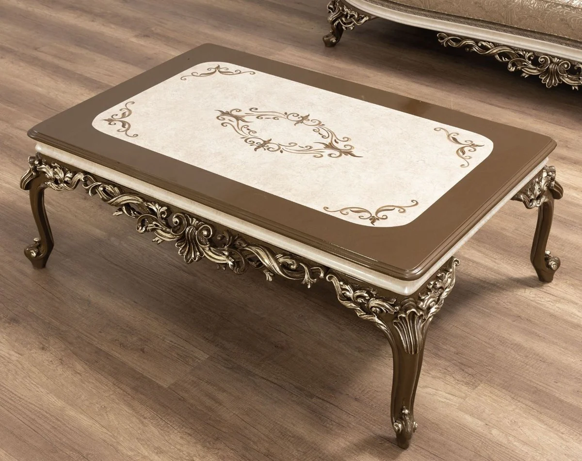 Luxus Barock Couchtisch Braun / Cremefarben / Gold - Handgefertigter Massivholz Wohnzimmertisch - Barock Wohnzimmer Möbel - Edel & Prunkvoll