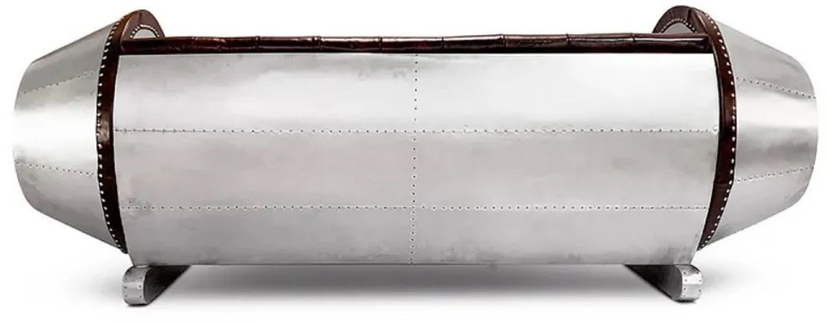 Chesterfield Leder Sofa Silber / Braun 240 x 82 x H. 91 cm - Echtleder Wohnzimmer Sofa - Flugzeug Möbel - Flieger Möbel - Chesterfield Möbel - Wohnzimmer Möbel - Echtleder Möbel