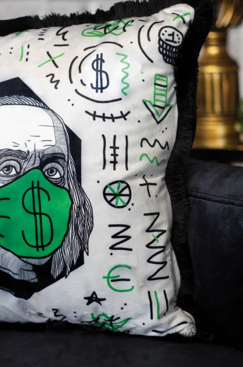 Luxus Deko Kissen Weiß / Grün / Schwarz 45 x 45 cm - Bedrucktes Samt Kissen mit Fransen - Luxus Deko Accessoires