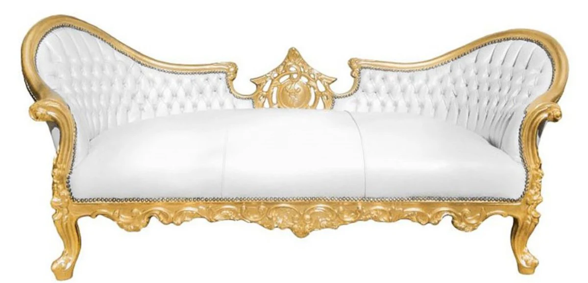 Barock Sofa Vampire Weiß / Gold 200 x 75 x H. 82 cm - Handgefertigte Lounge Couch mit Lederoptik - Limited Edition - Barockmöbel
