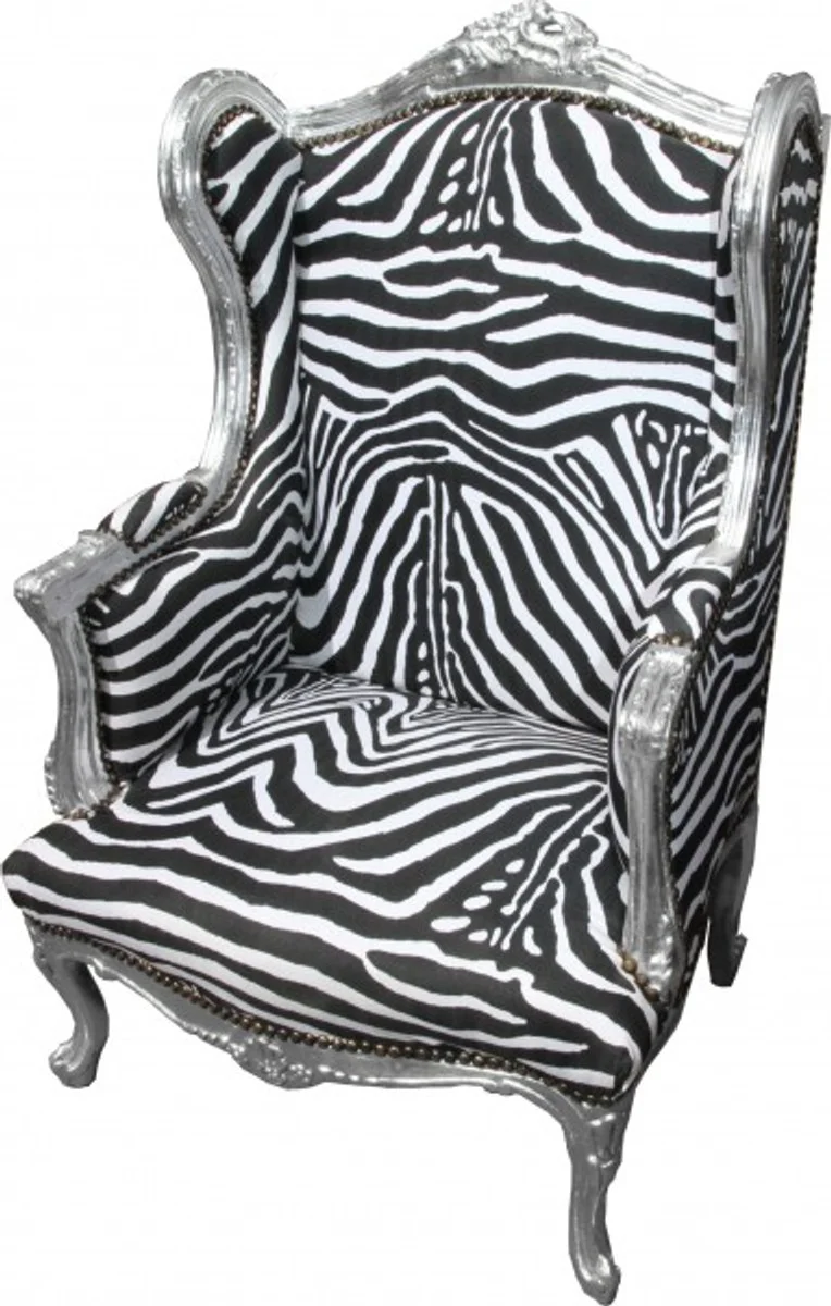 Barock Lounge Thron Sessel Zebra / Silber - Ohren Sessel - Ohrensessel Tron Stuhl
