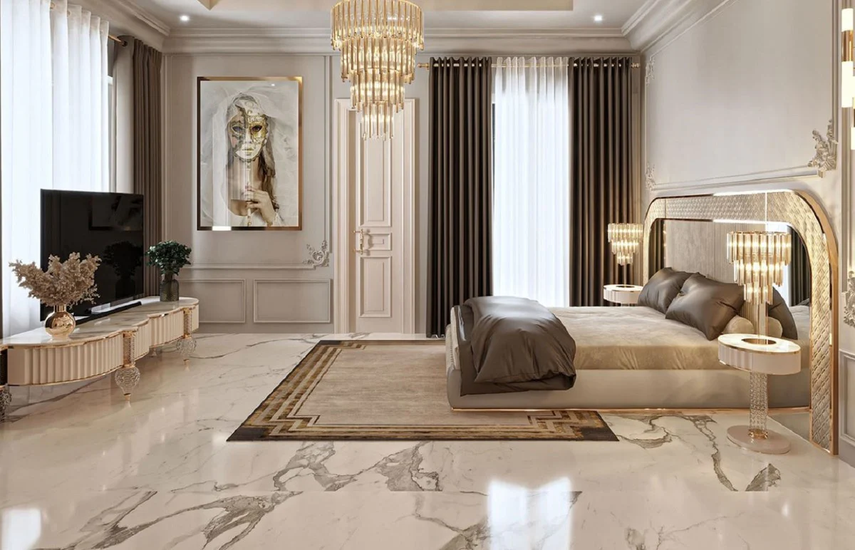 Luxus Art Deco Doppelbett Grau / Gold 350 x 209,5 x H. 140 cm - Edles Massivholz Bett mit verspiegeltem Kopfteil - Luxus Schlafzimmer Möbel - Hotel Möbel - Art Deco Möbel