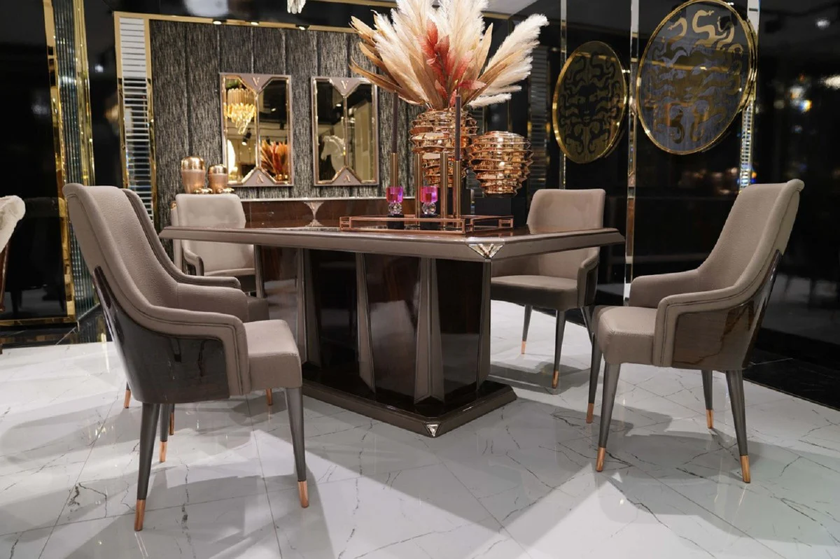 Luxus Esstisch Dunkelbraun / Grau / Kupfer 226 x 112 x H. 70 cm - Rechteckiger Massivholz Küchentisch - Esszimmer Möbel - Luxus Möbel