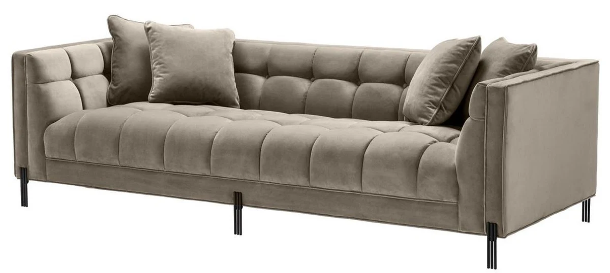 Luxus Samt Sofa mit 4 Kissen Greige / Schwarz 231 x 95 x H. 68 cm - Wohnzimmer Sofa - Luxus Qualität