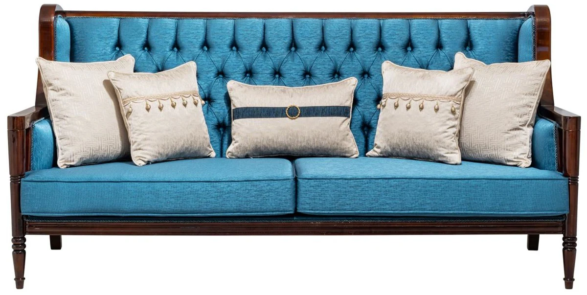 Luxus Barock Sofa Blau / Dunkelbraun 230 cm