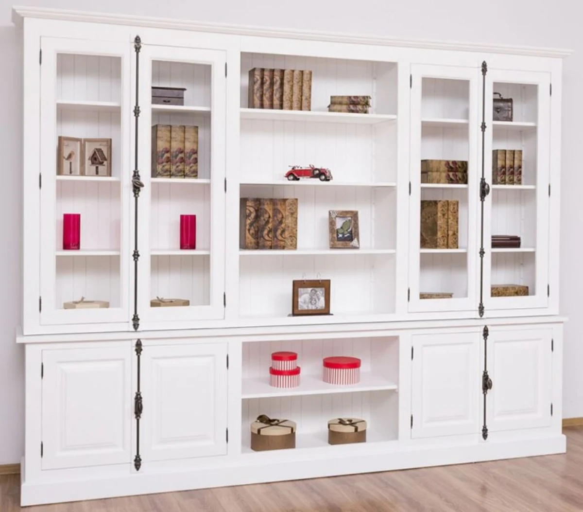 Landhausstil Bücherschrank Weiß 300 x 50 x H. 230 cm - Massivholz Schrank - Wohnzimmerschrank - Büroschrank - Landhausstil Möbel