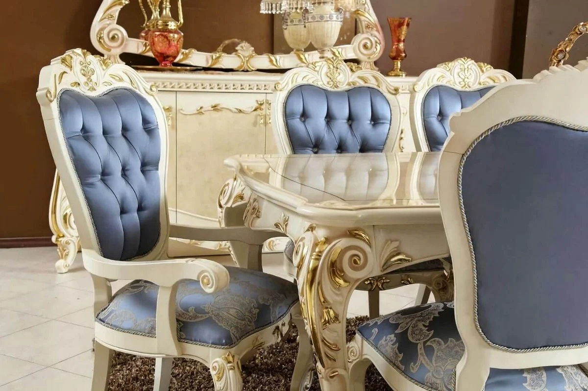 Luxus Barock Esszimmer Set Blau / Weiß / Gold - 1 Barock Esstisch & 6 Barock Esszimmerstühle - Barock Esszimmer Möbel - Luxus Möbel im Barockstil - Edel & Prunkvoll