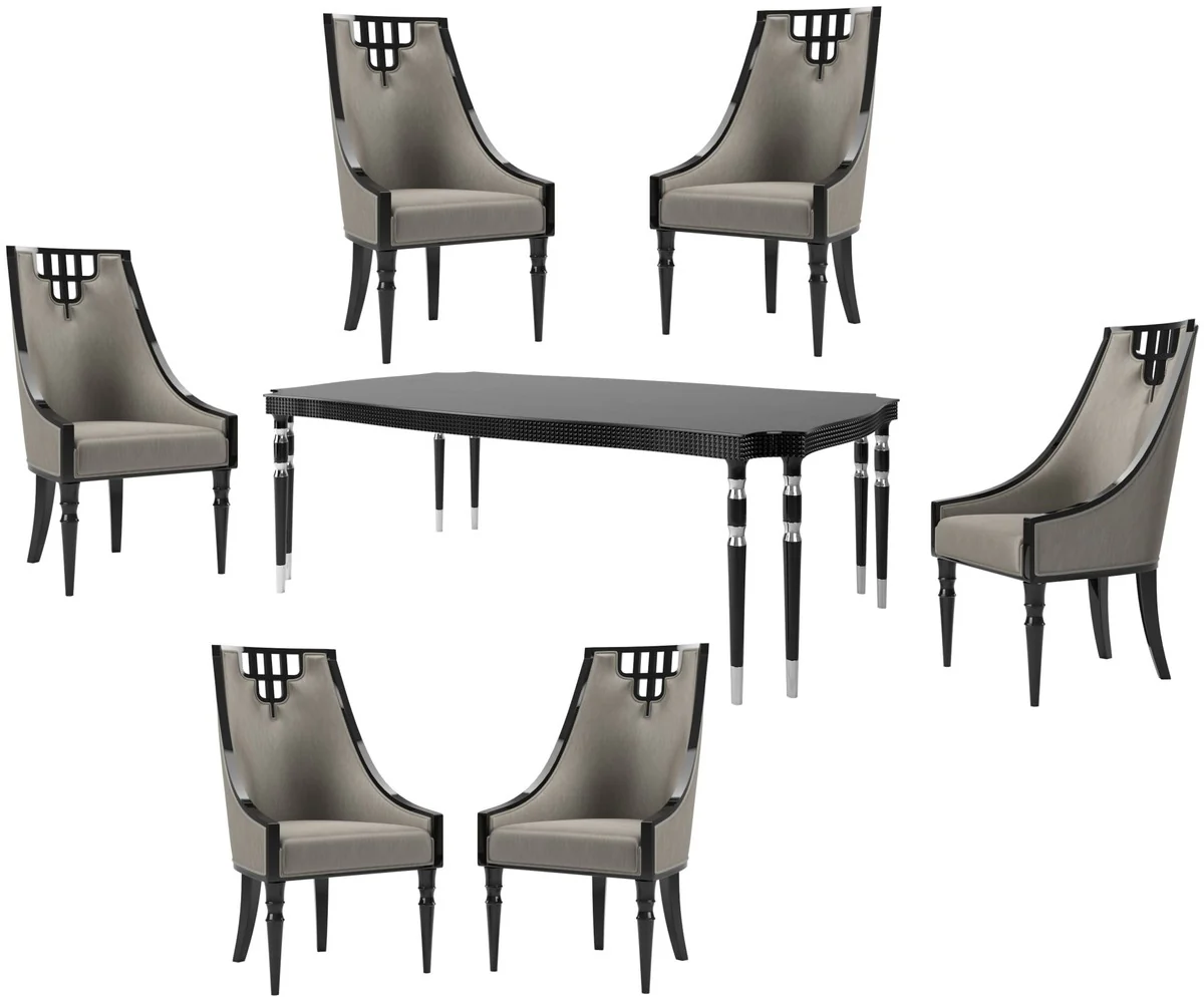 Luxus Art Deco Esszimmer Set Grau / Schwarz / Silber - 1 Esszimmertisch & 6 Esszimmerstühle - Art Deco Esszimmer Möbel - Luxus Qualität