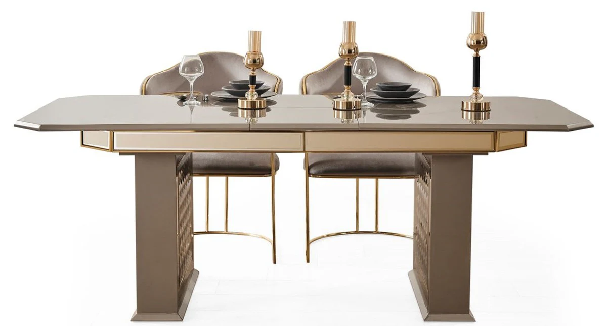 Luxus Art Deco Esszimmer Set Grau / Gold - 1 Ausziehbarer Esstisch & 6 Esszimmerstühle mit Armlehnen - Esszimmer Möbel - Art Deco Möbel - Luxus Möbel - Art Deco Einrichtung