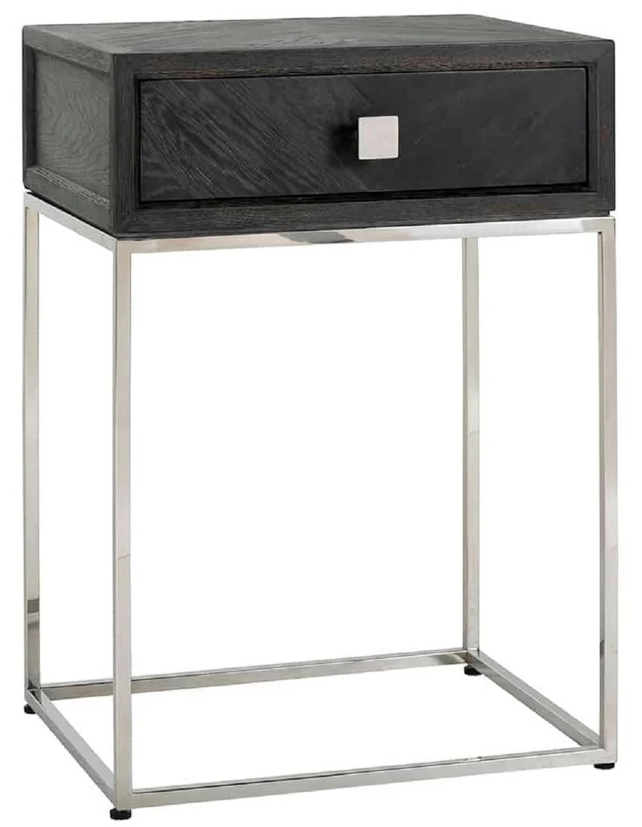 Luxus Beistelltisch Schwarz / Silber 50 x 40 x H. 71 cm - Massivholz Nachttisch mit Schublade und Edelstahl Gestell - Luxus Schlafzimmer Möbel