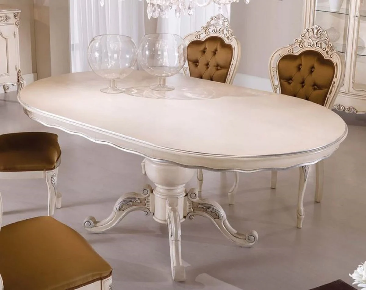 Luxus Barock Esstisch Creme / Silber - Ovaler ausziehbarer Massivholz Esszimmertisch im Barockstil - Barock Esszimmer Möbel - Luxus Qualität - Made in Italy