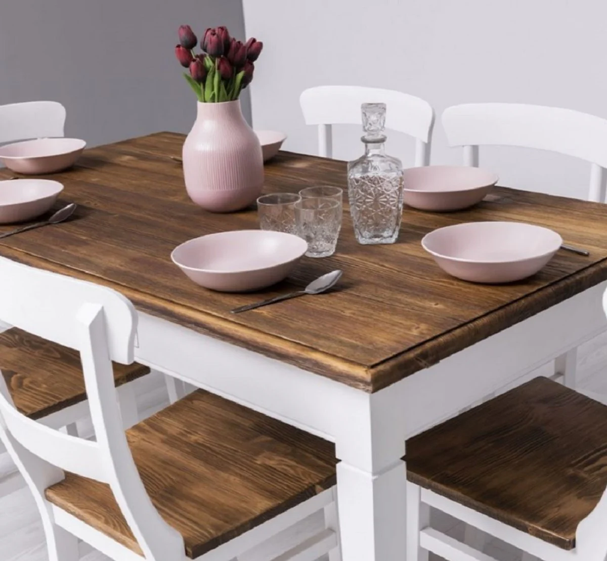 Landhausstil Esszimmer Möbel Set Weiß / Braun - 1 Landhausstil Esstisch & 6 Landhausstil Esszimmerstühle - Massivholz Esszimmer Möbel - Landhausstil Esszimmer Möbel