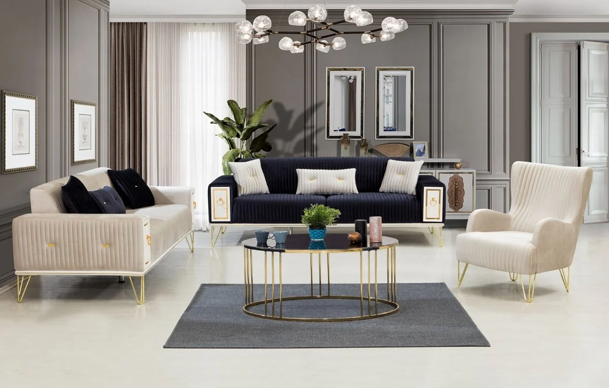 Luxus Schlafsofa Cremefarben / Weiß / Gold 220 x 90 x H. 80 cm - Modernes Wohnzimmer Sofa - Wohnzimmer Möbel