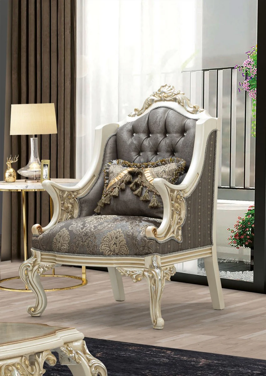Luxus Barock Wohnzimmer Set Grau / Braun / Weiß / Gold / Silber - 2 Sofas & 2 Sessel & 1 Couchtisch - Handgefertigte Barock Wohnzimmer Möbel - Edel & Prunkvoll