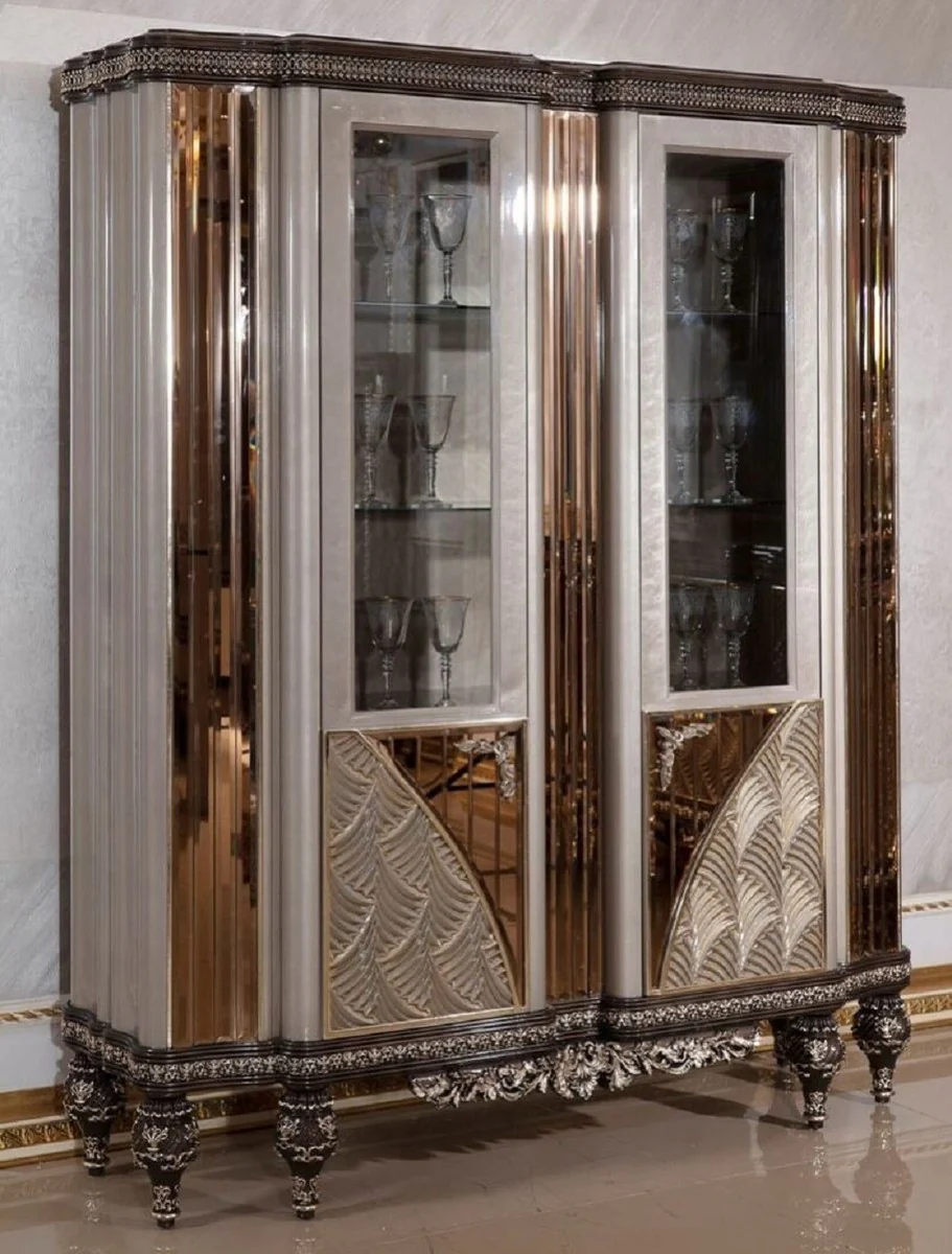 Luxus Barock Vitrine Grau / Schwarz / Silber / Gold - Prunkvoller Massivholz Vitrinenschrank mit 2 Glastüren - Barock Möbel - Edel & Prunkvoll
