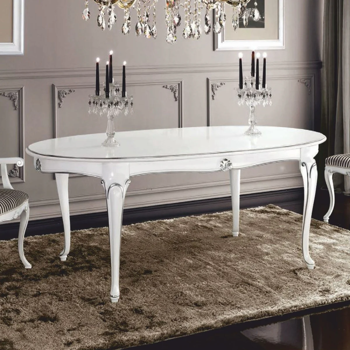 Luxus Barock Esstisch Weiß / Silber 200-280 cm - Made in Italy