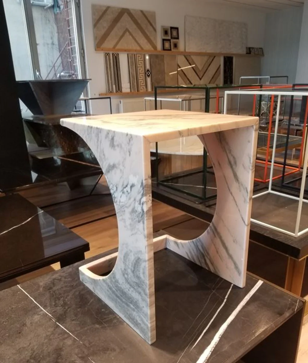 Luxus Marmor Beistelltisch Weiß / Grau 40 x 40 x H. 55 cm - Marmor Tisch - Marmor Blumentisch - Luxus Marmor Wohnzimmer Möbel