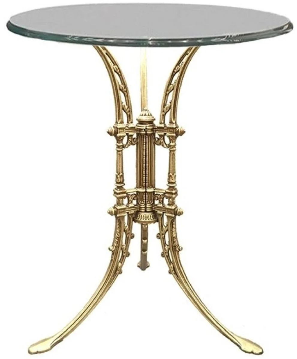 Luxus Jugendstil Beistelltisch Gold Ø 70 x H. 74 cm - Handgeschmiedeter Schmiedeeisen Tisch mit Glasplatte - Wohnzimmer Garten Terrassen Möbel