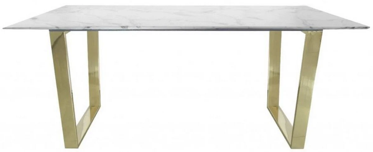 Luxus Esstisch Weiß / Gold 180 x 90 x H. 75 cm - Rechteckiger Esszimmertisch mit synthetischer Marmorplatte und Stahlbeinen - Esszimmer Möbel