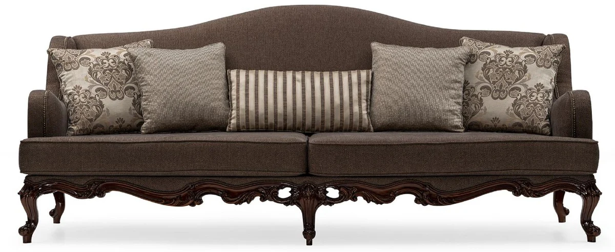 Luxus Barock Wohnzimmer Sofa Grau / Braun - Handgefertigtes Barockstil Sofa mit dekorativen Kissen - Luxus Wohnzimmer Möbel im Barockstil - Barock Möbel - Edel & Prunkvoll