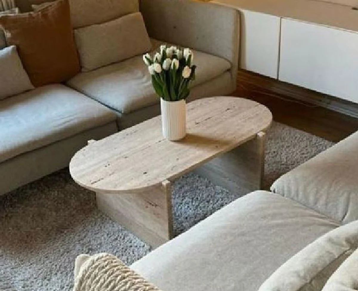 Luxus Travertin Couchtisch Beige 100 x 50 x H. 42 cm - Naturstein Wohnzimmertisch - Wohnzimmer Möbel - Naturstein Möbel - Travertin Möbel - Luxus Möbel - Luxus Einrichtung