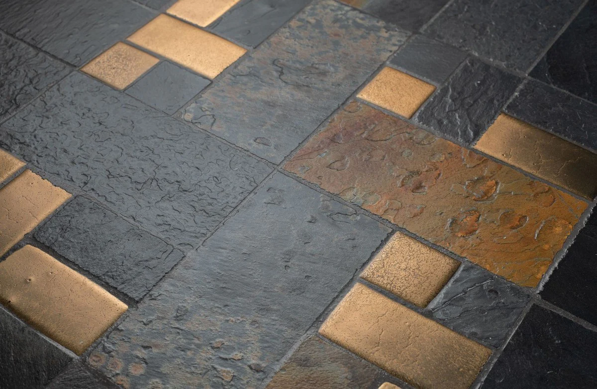 Luxus Esstisch Mehrfarbig / Schwarz Ø 120 x H. 76 cm - Runder Küchentisch mit Schieferplatten & Keramik Fliesen