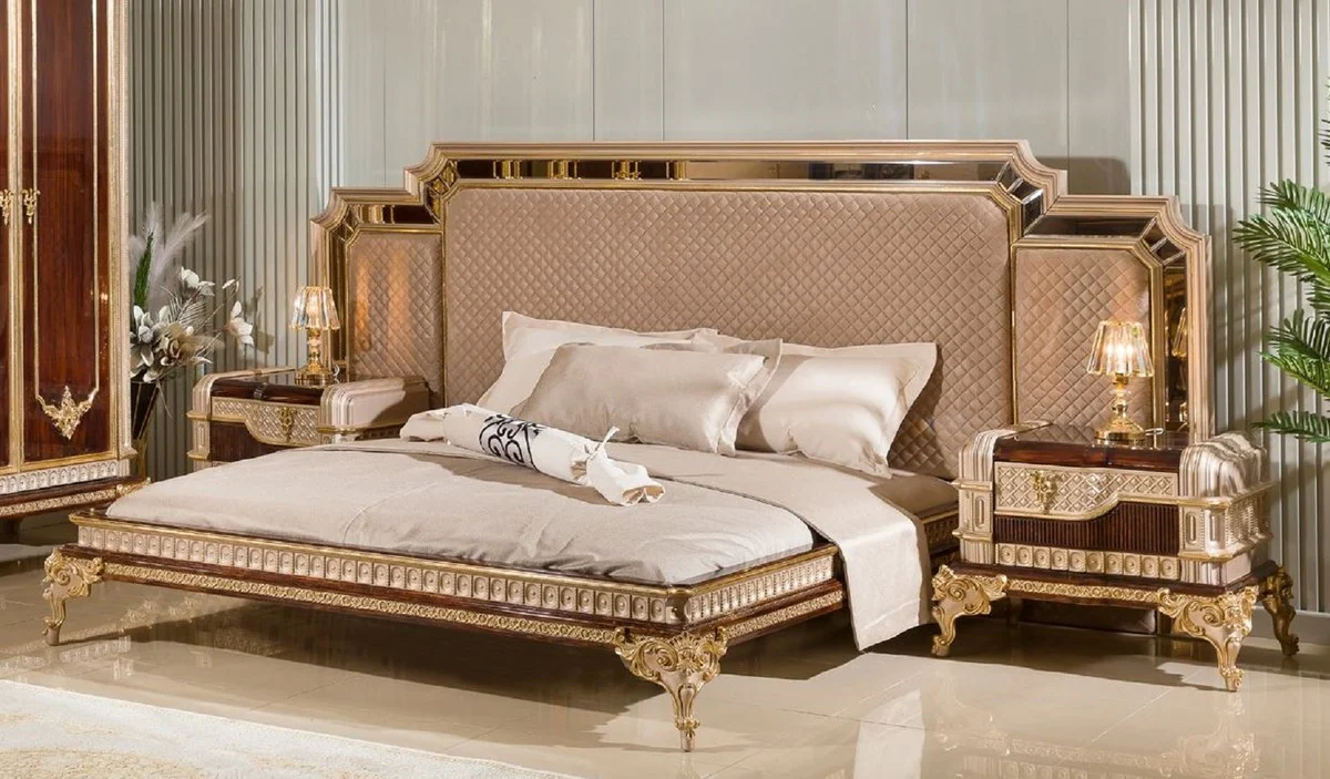Luxus Barock Doppelbett mit 2 Nachtkommoden Grau / Dunkelbraun / Gold - Barock Möbel