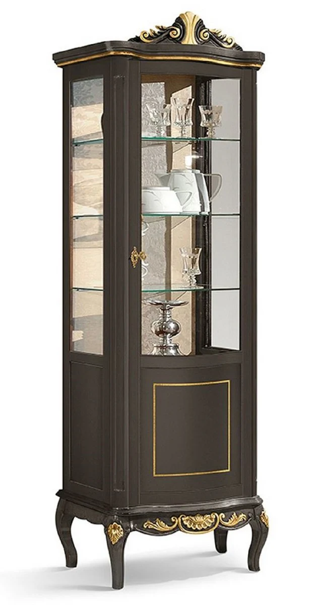 Luxus Barock Vitrine Schwarz / Gold - Prunkvoller Barock Vitrinenschrank mit Glastür und 3 Glasregalen - Barock Möbel - Luxus Qualität - Made in Italy