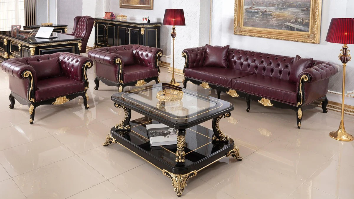 Luxus Barock Chesterfield Sofa Bordeauxrot / Schwarz / Gold - Prunkvolles Wohnzimmer Sofa mit edlem Kunstleder - Barock Chesterfield Wohnzimmer Möbel