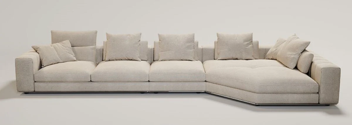 Luxus Wohnzimmer Sofa mit Kissen Beige / Silber 400 x 130 x H. 56 cm - Luxus Wohnzimmer Möbel