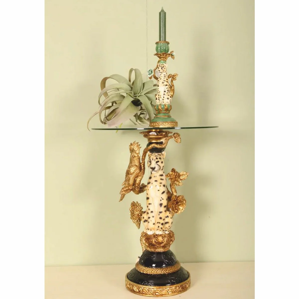 Barock Beistelltisch Leopard mit Glasplatte H. 51,5 cm - Barock Möbel