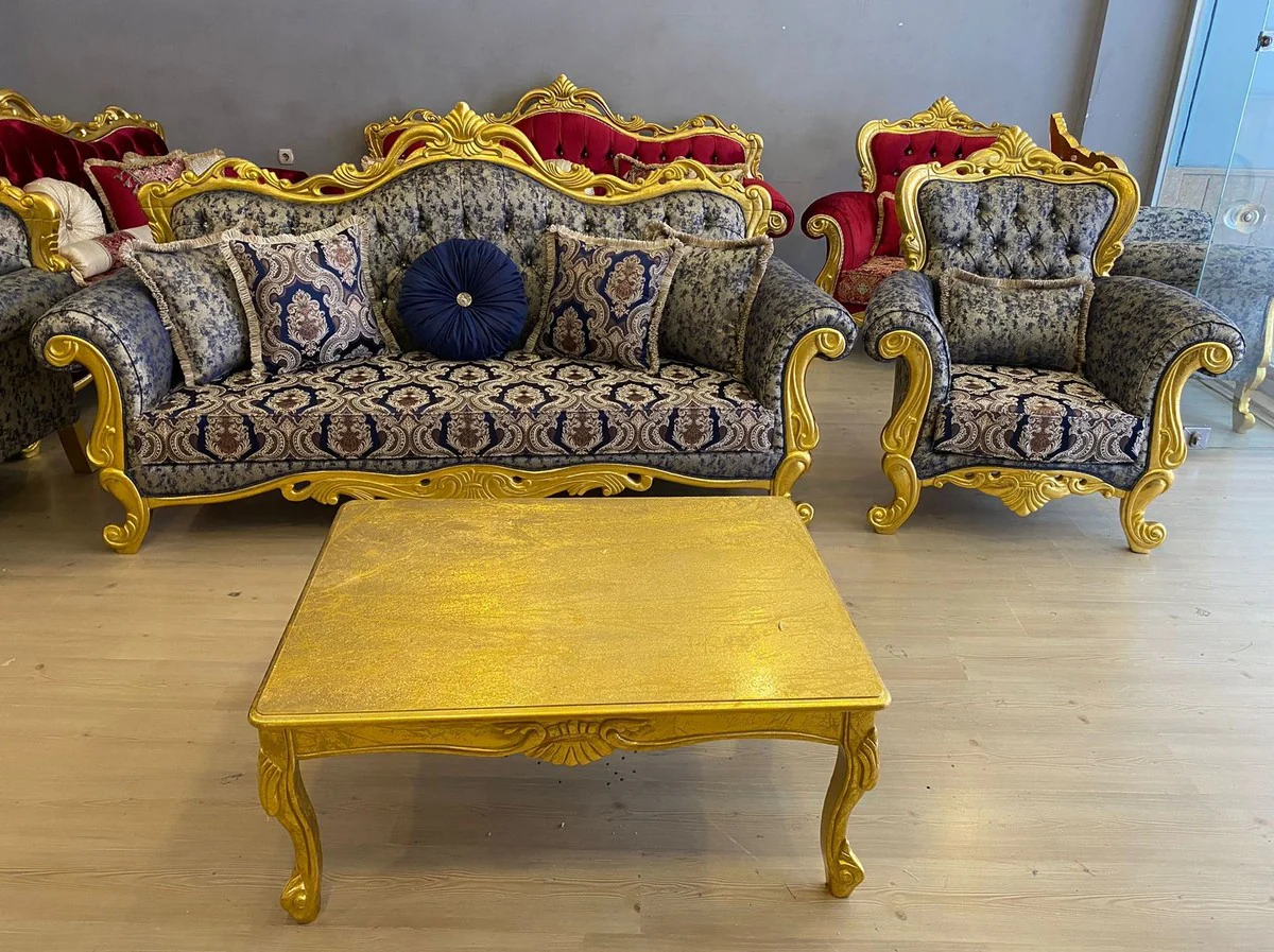 Luxus Barock Sofa Dunkelblau / Beige / Gold - Prunkvolles Wohnzimmer Sofa mit elegantem Muster und Glitzersteinen - Wohnzimmer Möbel - Barock Möbel - Edel & Prunkvoll