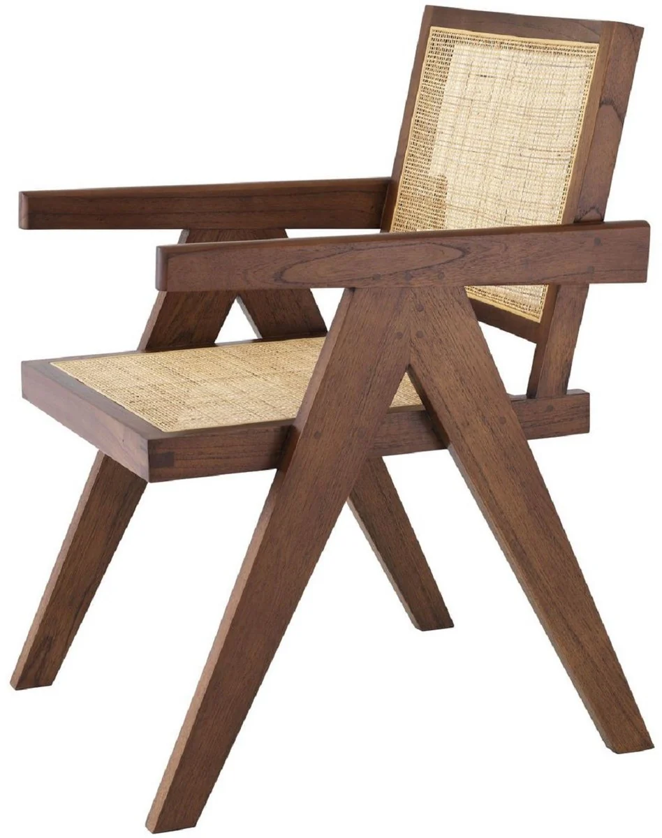 Luxus Esszimmerstuhl Braun / Naturfarben 57 x 65,5 x H. 90 cm - Massivholz Stuhl mit Armlehnen und handgewebtem Rattangeflecht - Luxus Esszimmer Möbel