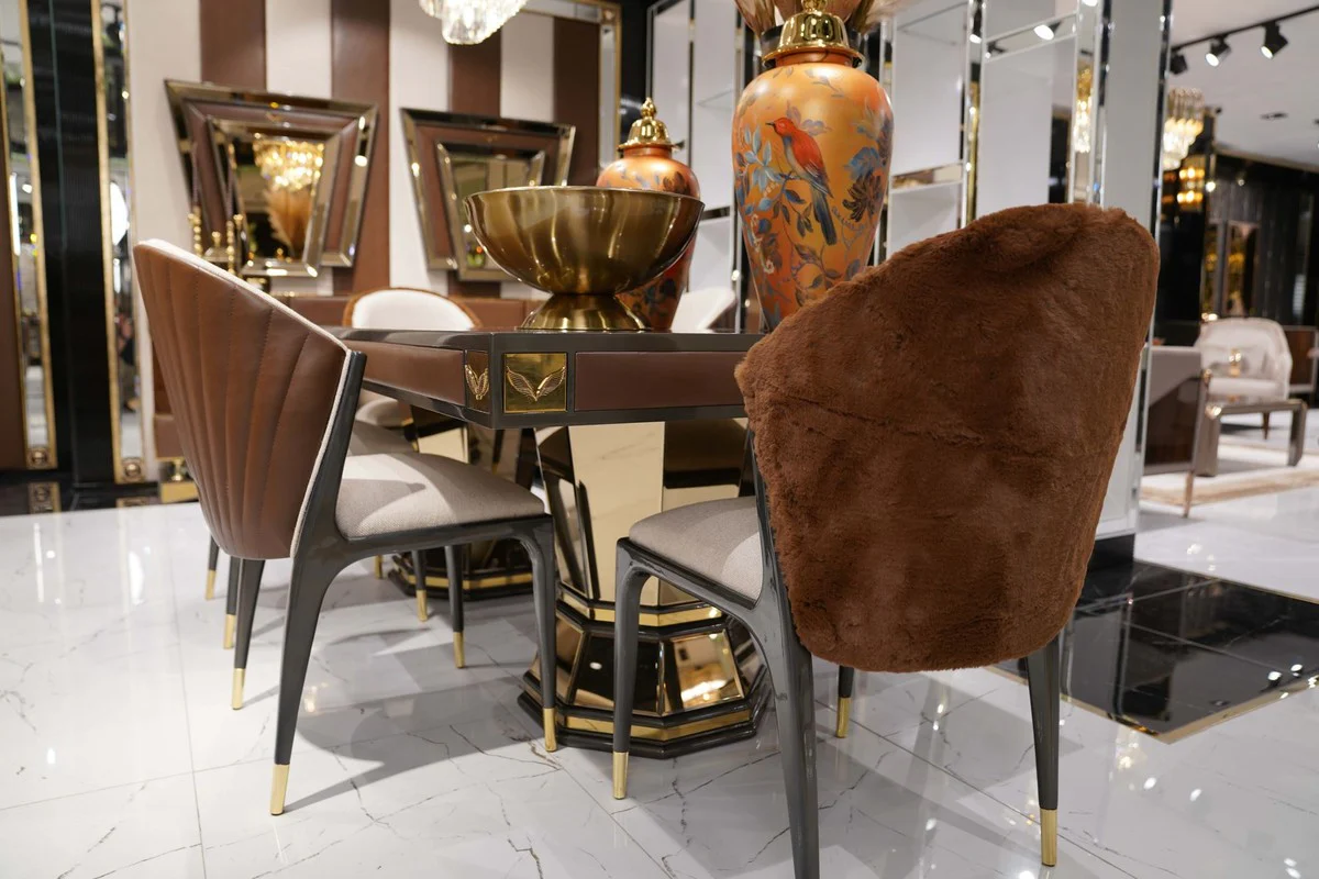 Luxus Esszimmer Set Naturfarben / Braun / Grau / Gold - 1 Luxus Esstisch & 6 Luxus Esszimmerstühle - Esszimmer Möbel - Luxus Möbel - Luxus Einrichtung - Esszimmer Einrichtung