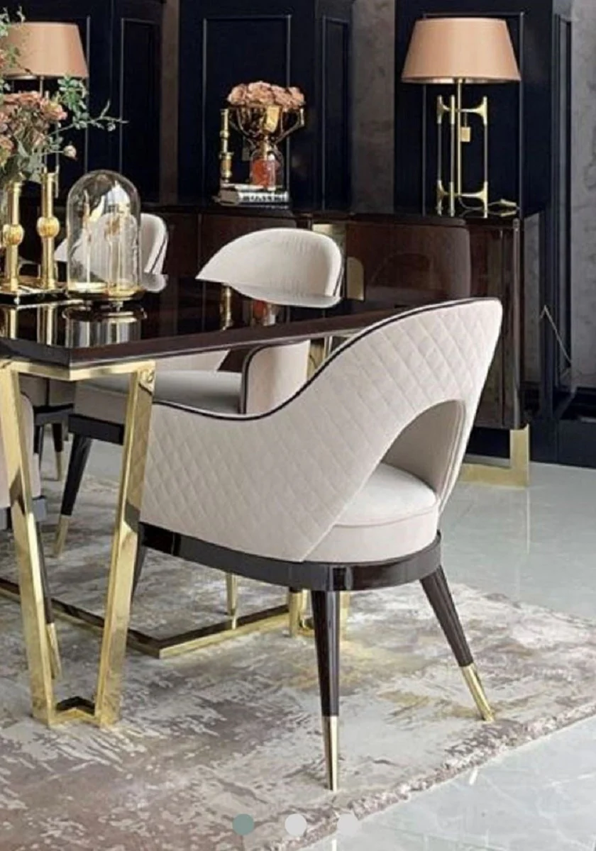 Luxus Art Deco Esszimmerstuhl 8er Set Beige / Dunkelbraun / Gold 58 x 65 x H. 90 cm - Art Deco Esszimmer & Restaurant Möbel - Luxus Qualität